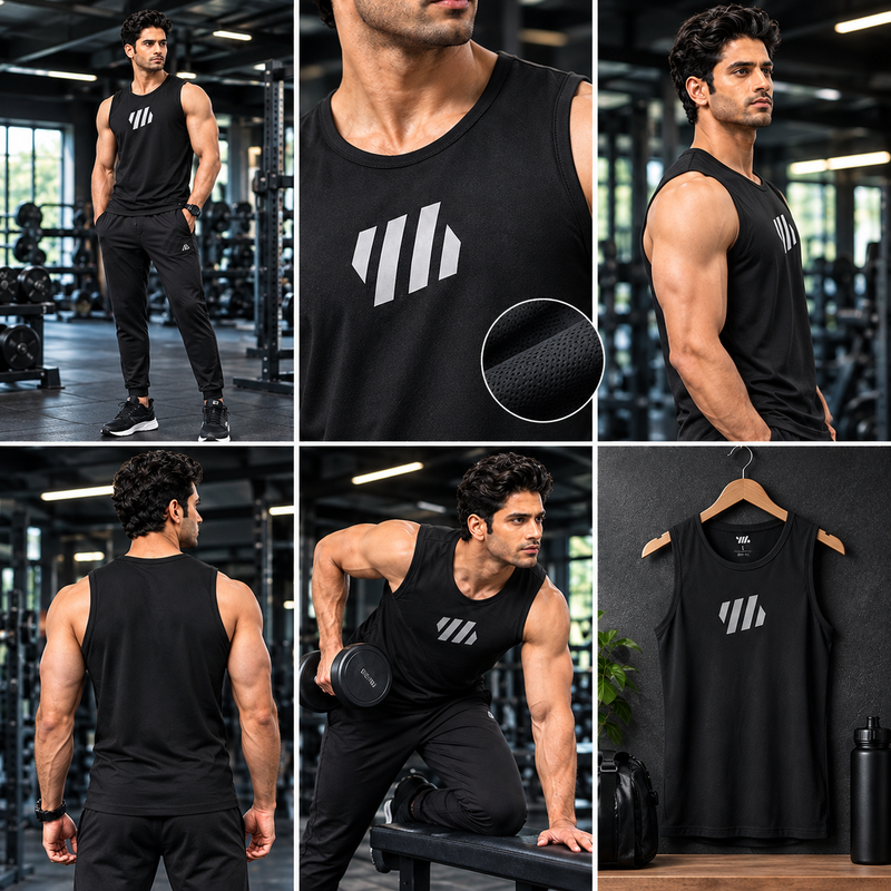 PSC Men’s Gym Vest Pack of 5 – Stylish, Breathable, Stretchable & Comfortable Sleeveless Sports Vest for Workout, Running, Training & Daily Wear.